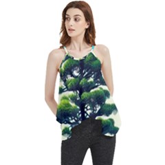 Pine Moon Tree Landscape Nature Scene Stars Setting Night Midnight Full Moon Flowy Camisole Tank Top by Posterlux