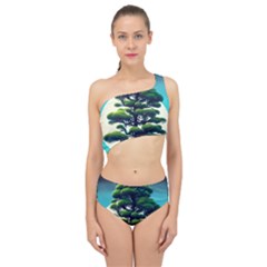 Pine Moon Tree Landscape Nature Scene Stars Setting Night Midnight Full Moon Spliced Up Two Piece Swimsuit by Posterlux