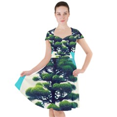 Pine Moon Tree Landscape Nature Scene Stars Setting Night Midnight Full Moon Cap Sleeve Midi Dress by Posterlux