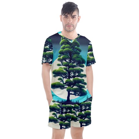 Pine Moon Tree Landscape Nature Scene Stars Setting Night Midnight Full Moon Men s Mesh T-shirt And Shorts Set by Posterlux