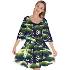 Pine Moon Tree Landscape Nature Scene Stars Setting Night Midnight Full Moon Velour Kimono Dress by Posterlux