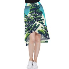 Pine Moon Tree Landscape Nature Scene Stars Setting Night Midnight Full Moon Frill Hi Low Chiffon Skirt by Posterlux