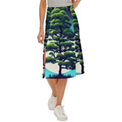 Pine Moon Tree Landscape Nature Scene Stars Setting Night Midnight Full Moon Midi Panel Skirt by Posterlux