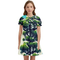 Pine Moon Tree Landscape Nature Scene Stars Setting Night Midnight Full Moon Kids  Bow Tie Puff Sleeve Dress