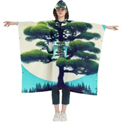 Pine Moon Tree Landscape Nature Scene Stars Setting Night Midnight Full Moon Women s Hooded Rain Ponchos by Posterlux