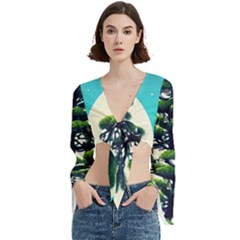 Pine Moon Tree Landscape Nature Scene Stars Setting Night Midnight Full Moon Trumpet Sleeve Cropped Top