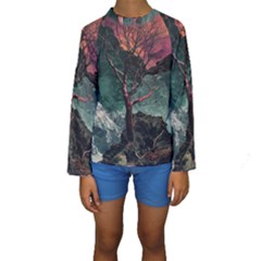 Night Sky Nature Tree Night Landscape Forest Galaxy Fantasy Dark Sky Planet Kids  Long Sleeve Swimwear