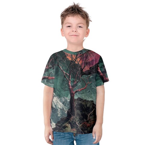 Night Sky Nature Tree Night Landscape Forest Galaxy Fantasy Dark Sky Planet Kids  Cotton T-shirt by Posterlux