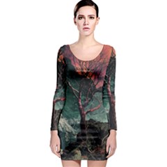 Night Sky Nature Tree Night Landscape Forest Galaxy Fantasy Dark Sky Planet Long Sleeve Bodycon Dress