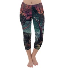 Night Sky Nature Tree Night Landscape Forest Galaxy Fantasy Dark Sky Planet Capri Winter Leggings 