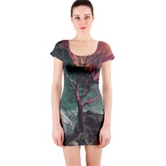 Night Sky Nature Tree Night Landscape Forest Galaxy Fantasy Dark Sky Planet Short Sleeve Bodycon Dress