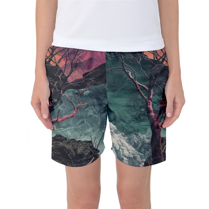 Night Sky Nature Tree Night Landscape Forest Galaxy Fantasy Dark Sky Planet Women s Basketball Shorts