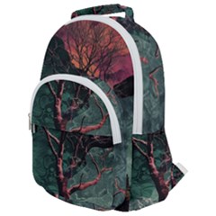 Night Sky Nature Tree Night Landscape Forest Galaxy Fantasy Dark Sky Planet Rounded Multi Pocket Backpack