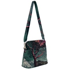 Night Sky Nature Tree Night Landscape Forest Galaxy Fantasy Dark Sky Planet Zipper Messenger Bag by Posterlux