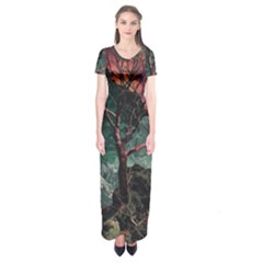 Night Sky Nature Tree Night Landscape Forest Galaxy Fantasy Dark Sky Planet Short Sleeve Maxi Dress