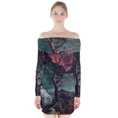 Night Sky Nature Tree Night Landscape Forest Galaxy Fantasy Dark Sky Planet Long Sleeve Off Shoulder Dress by Posterlux