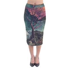 Night Sky Nature Tree Night Landscape Forest Galaxy Fantasy Dark Sky Planet Velvet Midi Pencil Skirt by Posterlux