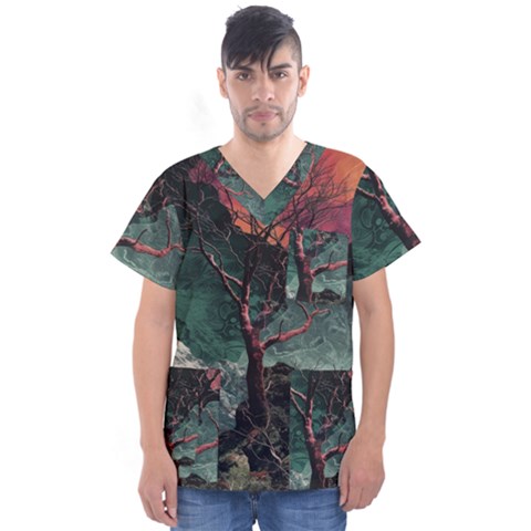 Night Sky Nature Tree Night Landscape Forest Galaxy Fantasy Dark Sky Planet Men s V-neck Scrub Top by Posterlux