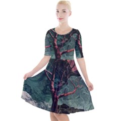 Night Sky Nature Tree Night Landscape Forest Galaxy Fantasy Dark Sky Planet Quarter Sleeve A-line Dress by Posterlux