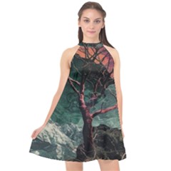 Night Sky Nature Tree Night Landscape Forest Galaxy Fantasy Dark Sky Planet Halter Neckline Chiffon Dress 