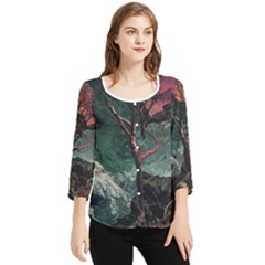 Night Sky Nature Tree Night Landscape Forest Galaxy Fantasy Dark Sky Planet Chiffon Quarter Sleeve Blouse by Posterlux