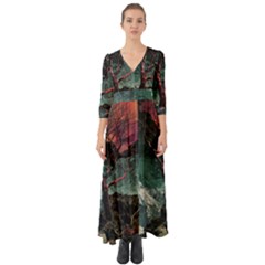 Night Sky Nature Tree Night Landscape Forest Galaxy Fantasy Dark Sky Planet Button Up Boho Maxi Dress