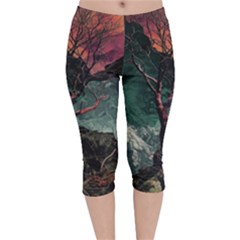 Night Sky Nature Tree Night Landscape Forest Galaxy Fantasy Dark Sky Planet Velvet Capri Leggings 