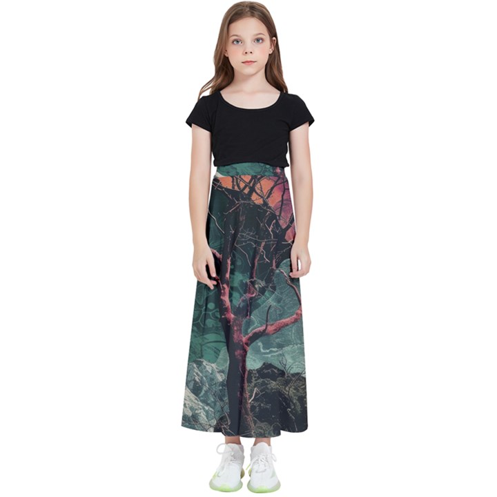 Night Sky Nature Tree Night Landscape Forest Galaxy Fantasy Dark Sky Planet Kids  Flared Maxi Skirt