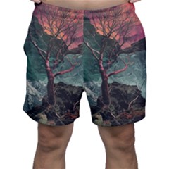 Night Sky Nature Tree Night Landscape Forest Galaxy Fantasy Dark Sky Planet Men s Shorts by Posterlux