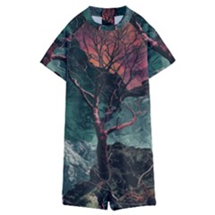 Night Sky Nature Tree Night Landscape Forest Galaxy Fantasy Dark Sky Planet Kids  Boyleg Half Suit Swimwear by Posterlux