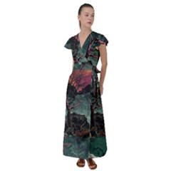 Night Sky Nature Tree Night Landscape Forest Galaxy Fantasy Dark Sky Planet Flutter Sleeve Maxi Dress