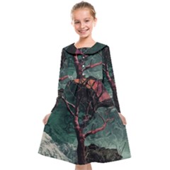 Night Sky Nature Tree Night Landscape Forest Galaxy Fantasy Dark Sky Planet Kids  Midi Sailor Dress by Posterlux