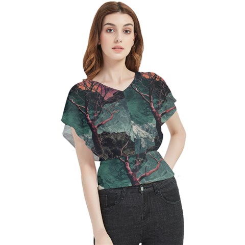 Night Sky Nature Tree Night Landscape Forest Galaxy Fantasy Dark Sky Planet Butterfly Chiffon Blouse by Posterlux