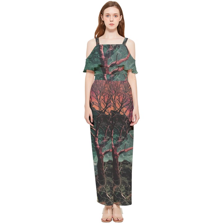 Night Sky Nature Tree Night Landscape Forest Galaxy Fantasy Dark Sky Planet Draped Sleeveless Chiffon Jumpsuit