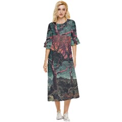 Night Sky Nature Tree Night Landscape Forest Galaxy Fantasy Dark Sky Planet Double Cuff Midi Dress