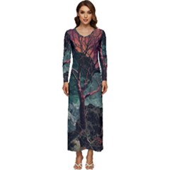 Night Sky Nature Tree Night Landscape Forest Galaxy Fantasy Dark Sky Planet Long Sleeve Longline Maxi Dress by Posterlux