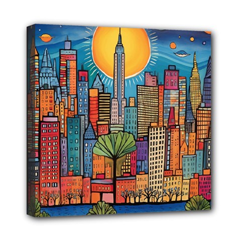 City New York Nyc Skyscraper Skyline Downtown Night Business Urban Travel Landmark Building Architec Mini Canvas 8  X 8  (stretched)