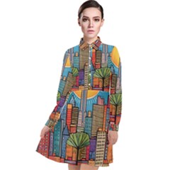 City New York Nyc Skyscraper Skyline Downtown Night Business Urban Travel Landmark Building Architec Long Sleeve Chiffon Shirt Dress