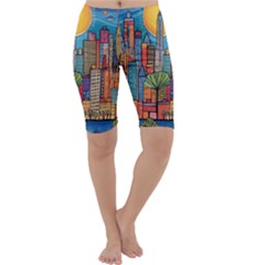 City New York Nyc Skyscraper Skyline Downtown Night Business Urban Travel Landmark Building Architec Cropped Leggings  by Posterlux