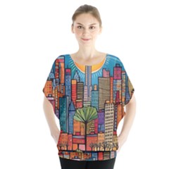 City New York Nyc Skyscraper Skyline Downtown Night Business Urban Travel Landmark Building Architec Batwing Chiffon Blouse