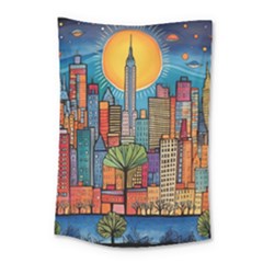 City New York Nyc Skyscraper Skyline Downtown Night Business Urban Travel Landmark Building Architec Small Tapestry by Posterlux