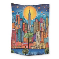 City New York Nyc Skyscraper Skyline Downtown Night Business Urban Travel Landmark Building Architec Medium Tapestry