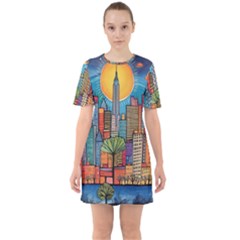 City New York Nyc Skyscraper Skyline Downtown Night Business Urban Travel Landmark Building Architec Sixties Short Sleeve Mini Dress by Posterlux