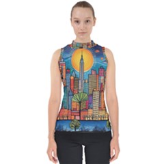 City New York Nyc Skyscraper Skyline Downtown Night Business Urban Travel Landmark Building Architec Mock Neck Shell Top