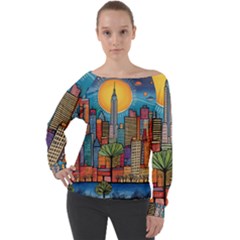 City New York Nyc Skyscraper Skyline Downtown Night Business Urban Travel Landmark Building Architec Off Shoulder Long Sleeve Velour Top by Posterlux