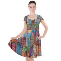 City New York Nyc Skyscraper Skyline Downtown Night Business Urban Travel Landmark Building Architec Cap Sleeve Midi Dress by Posterlux