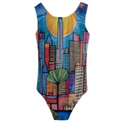 City New York Nyc Skyscraper Skyline Downtown Night Business Urban Travel Landmark Building Architec Kids  Cut-out Back One Piece Swimsuit