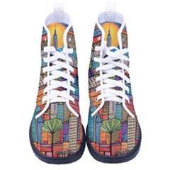 City New York Nyc Skyscraper Skyline Downtown Night Business Urban Travel Landmark Building Architec Men s High-top Canvas Sneakers by Posterlux