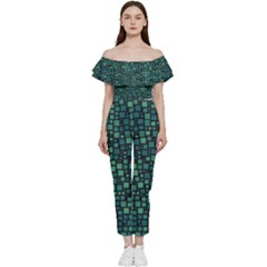 Squares Cubism Geometric Background Bardot Ruffle Jumpsuit