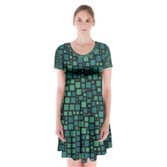 Squares Cubism Geometric Background Short Sleeve V-neck Flare Dress